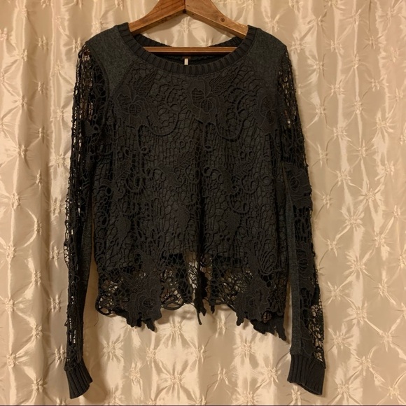 Free People “Pretty Rad” Sweater Gray Lace Crochet Split Back Knit - Picture 3 of 15